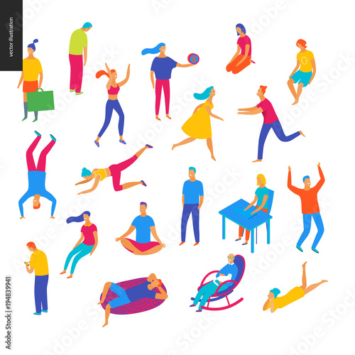 Set of vector illustrated people acting and relaxing