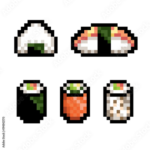 Set collection with sushi. Pixel art style. Vector illustration