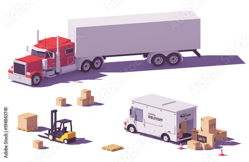 Vector low poly trucks and forklift