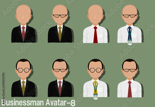 Businessman Avatar with Variation of necktie ,shirt,eyeglasses and suit.Characters are based on Child head with no hair.and Child head with Skin Head hair style.
