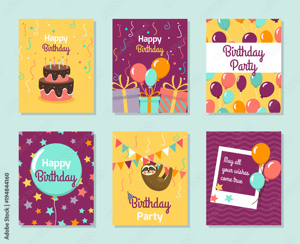 Happy Birthday Collection greeting templates. Invitation cards to the party. Vector banners with cake, balloons, gifts. Card with cute small sloth.