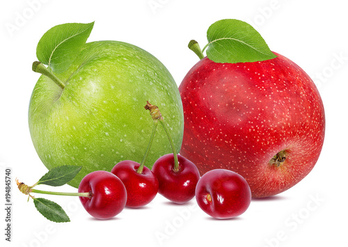 Cherry and apple with leaves isolated on white background.