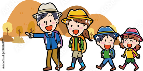 リュックをもってハイキングに行く家族のイラスト素材