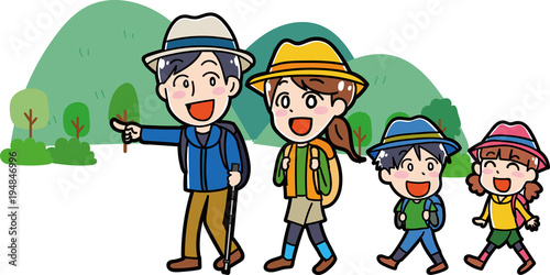 リュックをもってハイキングに行く家族のイラスト素材