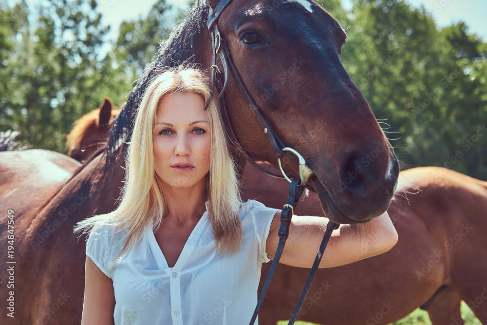Obraz premium A charming woman standing with a brown horse.