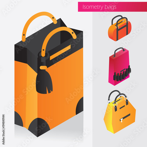 Vector isometric set with fashion bags and handbags in bright colors, isolated on white.