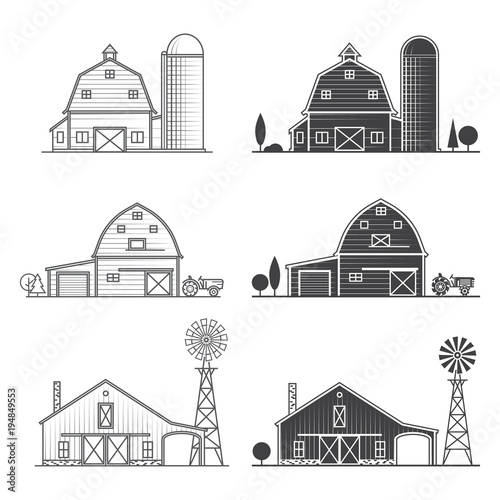 Set of thin line american farm icon.