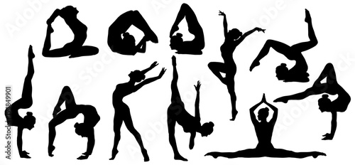 Obraz na plátně Gymnastics Poses Silhouette, Set of Flexible Gymnast Exercise, Acrobat Back Bend