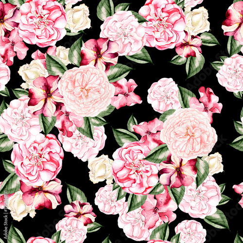 Beautiful watercolor pattern with flowers rose, peony and petunia flowers.