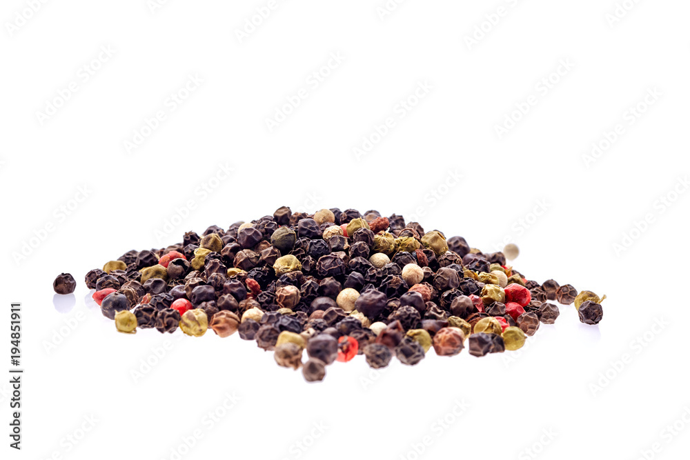 Seasoning - four kinds of pepper peas - isolated on white background Seasoning - four kinds of pepper peas - isolated on white background