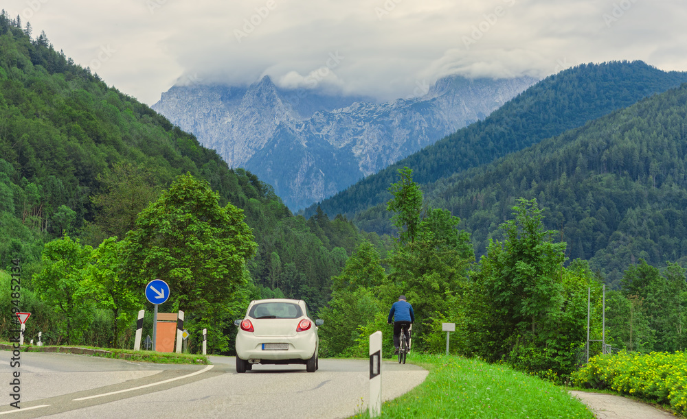 summer landscape in Germany Alps. road with car outdoors