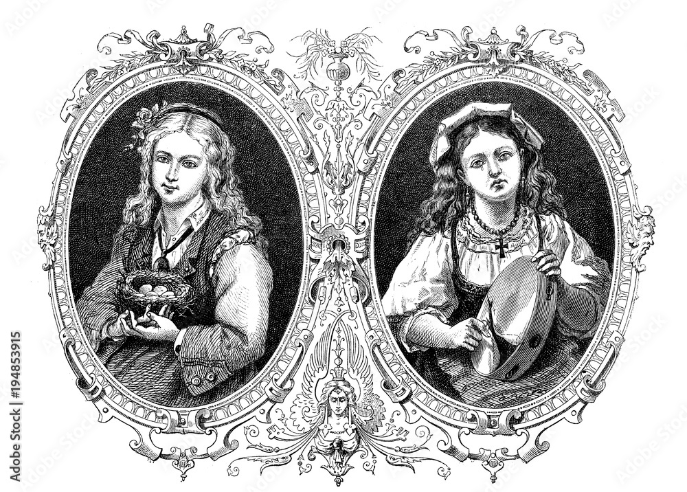 Fototapeta premium Happiness and affliction: girl happy with nest, girl sad with broken tambourine, vintage engraving