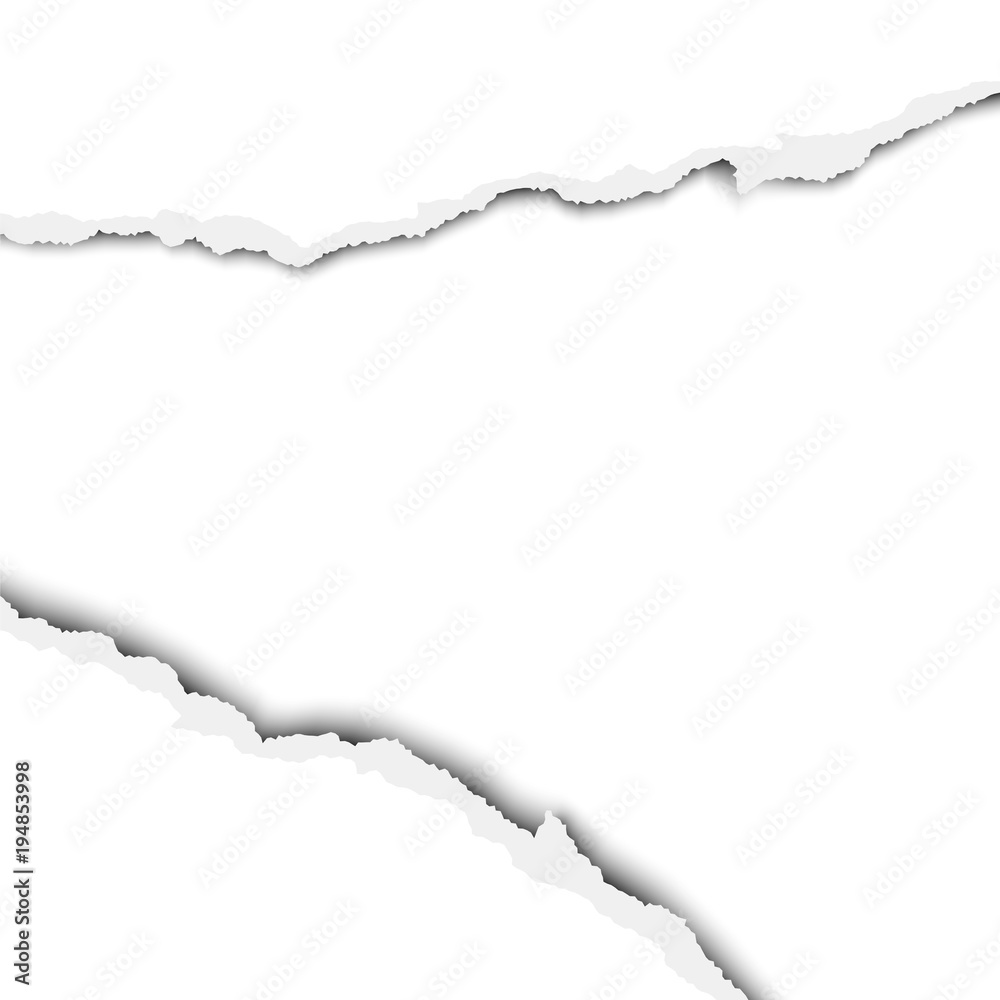 Ripped wide hole in sheet of paper. Vector template paper design.