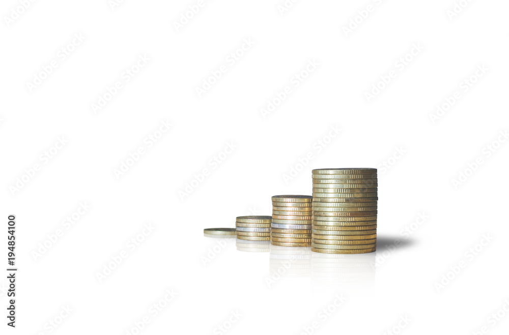 coins stack isolated on white background and reflection with clipping path. financial and saving concept.