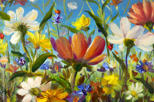 Obraz na płótnie Lato kwiatu pole na niebieskiego nieba tła sztuce. Kwiatowe malowanie kwiatów. Stubarwny jaskrawy lato krajobraz kwitnie ilustrację.