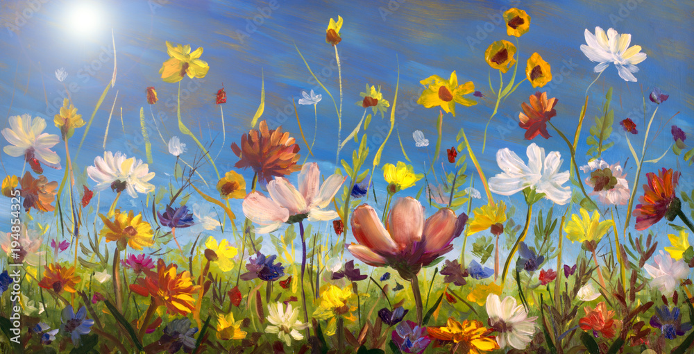 Plakat Obraz olejny kwiatów, piękne kwitnące pole kwiatowy grafika na płótnie. Polne kwiaty. Nowoczesny impresjonizm Wielobarwny kwiat jasny lato.