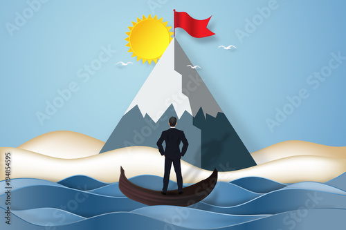 Businessman on the gondola boat looking the red flag on the peak mountain and island in the morning as business, goal, target, paper art and craft style concept. vector illustration.