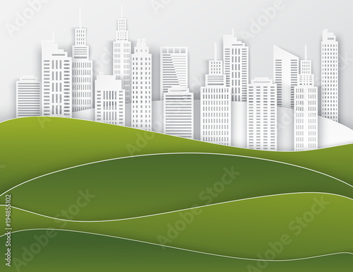 White paper skyscrapers. Achitectural building in panoramic view. Modern city skyline building industrial paper art landscape skyscraper offices, wavy hills. Vector Illustration
