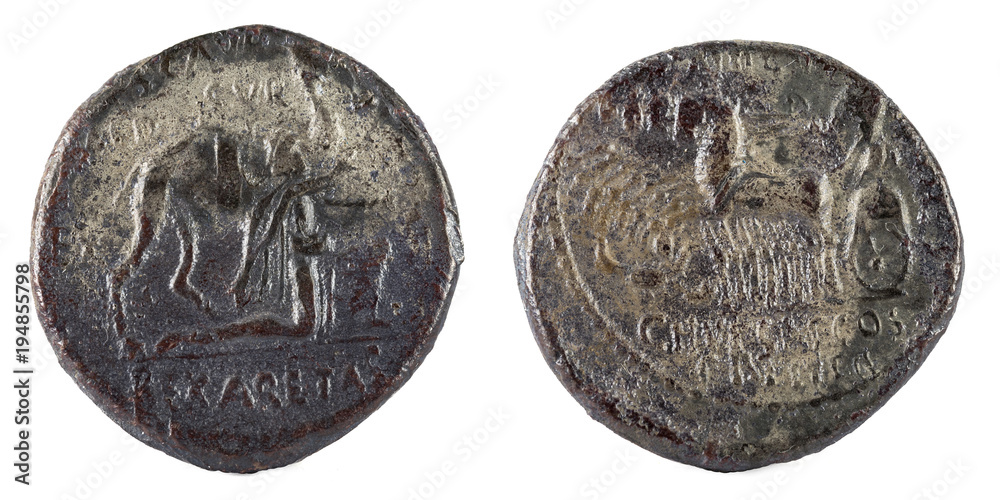 Fototapeta premium Roman Republic Coin. Ancient Roman silver denarius of the family Aemilia.