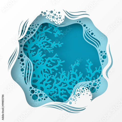 Paper underwater sea cave with coral reef, seabed in algae, waves. Paper cut deep style vector.  Deep blue marine life, diving concept. Ocean wildlife. Origami style