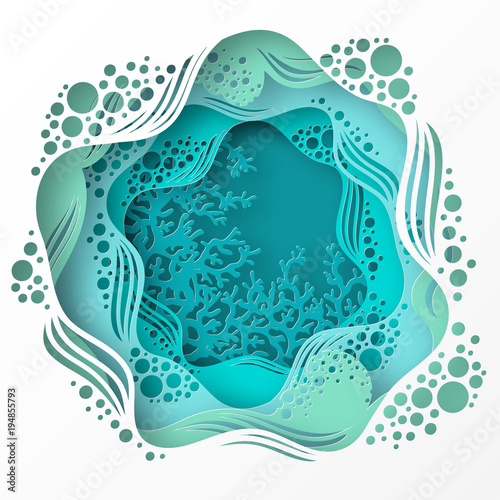 Paper underwater sea cave with coral reef, seabed in algae, waves. Paper cut deep style vector.  Deep blue marine life, diving concept. Ocean wildlife. Origami style