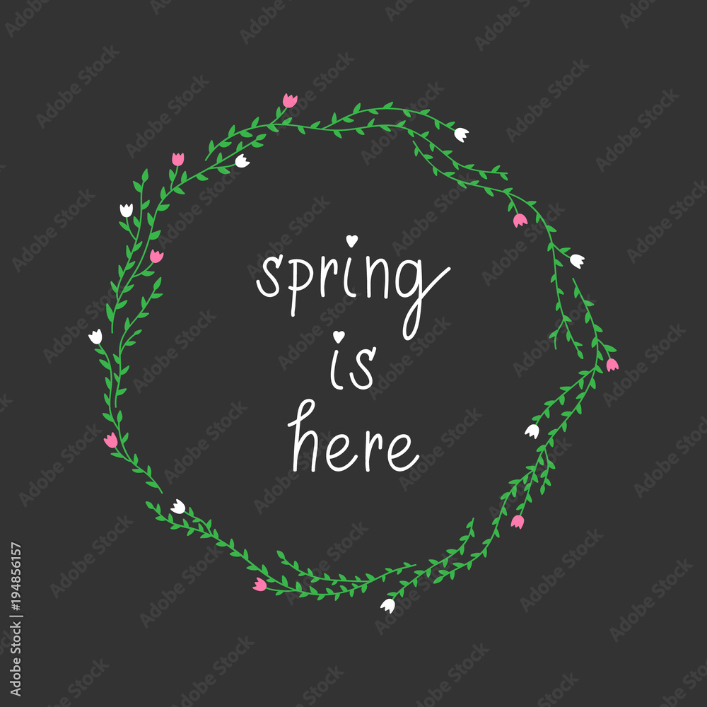 Spring is here, hand drawn floral wreath with leaves and tulips, vector illustration isolated on dark grey background.