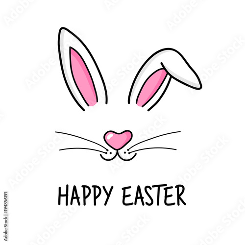 Cute easter bunny vector illustration, hand drawn face of bunny. Greeting card with Happy Easter writing. Ears and tiny muzzle with whiskers. Isolated on white background.