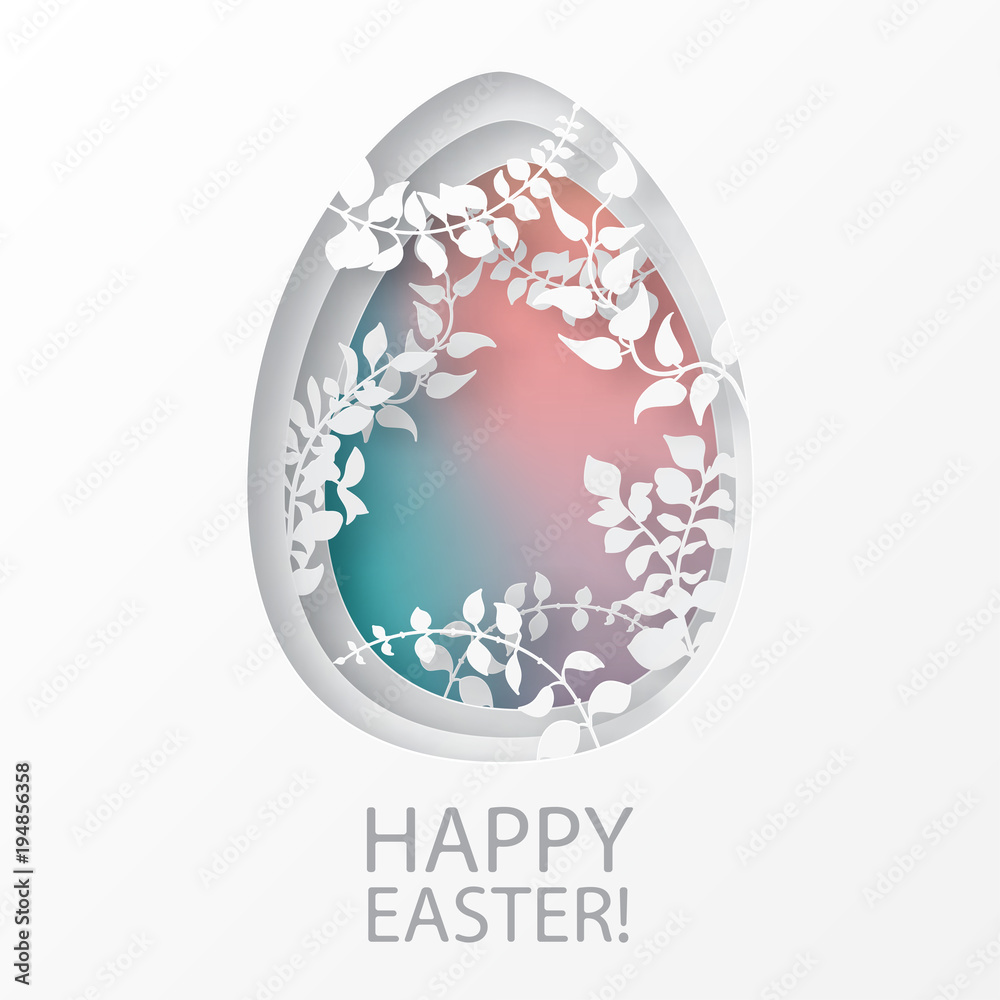 Easter paper art spring forest with branches, leaves, climbers. Easter egg shape. Holiday origami concept, nature and animals idea. Easter paper art spring forest with branches, leaves, climbers. Easter egg shape. Holiday origami concept, nature and animals idea.