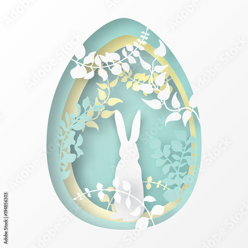 Easter paper art spring forest with branches, leaves,  climbers and rabbit. Easter egg shape. Holiday origami concept, nature and animals idea.