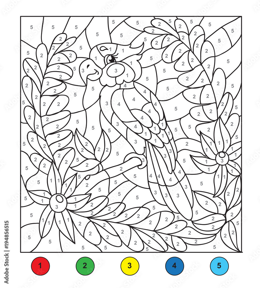 Fototapeta premium Color by number (Parrot). Game for children, education game for children. Color by number, black and white illustration