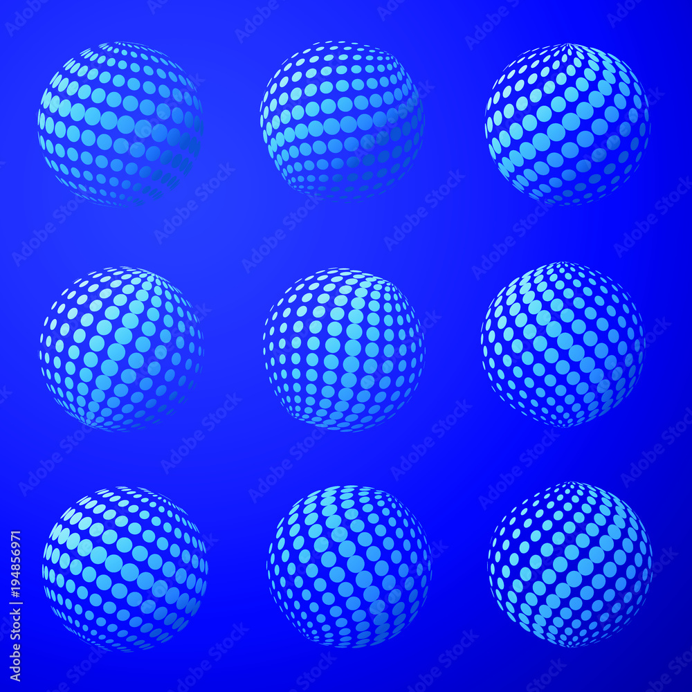 Abstract Earth Globe Dotted Sphere. Set of Vector Illustration on blue background.