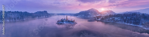 Aerial view of Bled lake in sunrise light