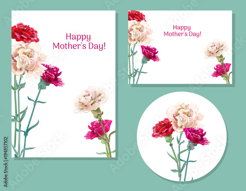 Set of templates for Mother's Day (vertical, horizontal, round): carnation schabaud: red, pink, white flowers, green leaves, white background, hand draw, vintage botanical illustration, vector