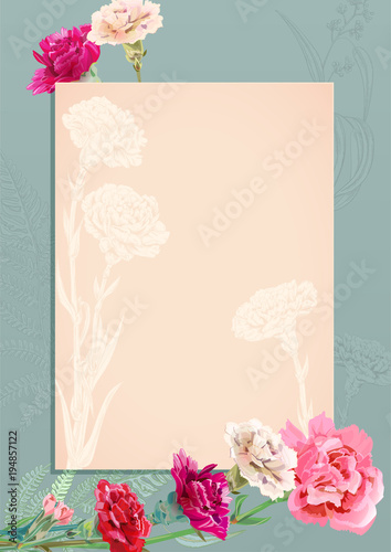 Vertical template card for Mother's Day with carnation schabaud: red, pink, white flowers, green leaves (fern, eucalyptus), vintage background, hand draw, botanical illustration, vector, copy space