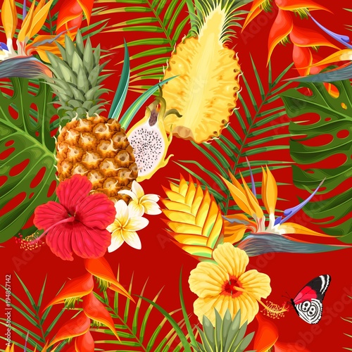 Fototapeta Naklejka Na Ścianę i Meble -  Tropical flowers and fruit seamless