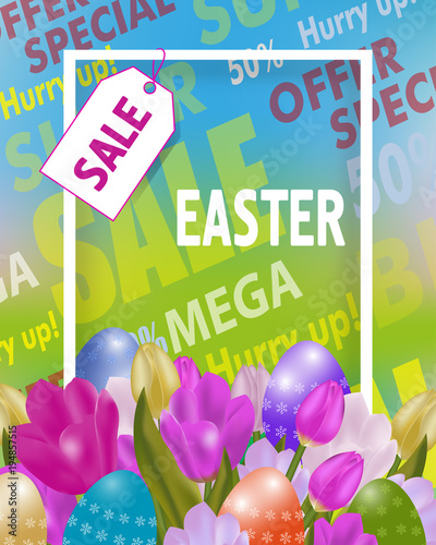 Easter sale poster or banner with tulips and paschal eggs. Spring time. Vector