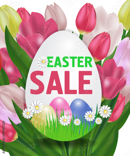 Easter sale with tulips poster in the shape of an egg with paschal eggs. Vector