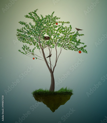 piece of summer, red apple fruit tree with birds and nest growing on the flying rock,