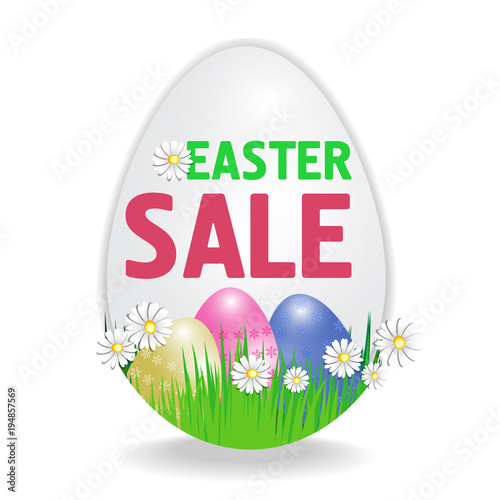Easter sale poster in the shape of an egg with paschal eggs isolated on white background. Vector