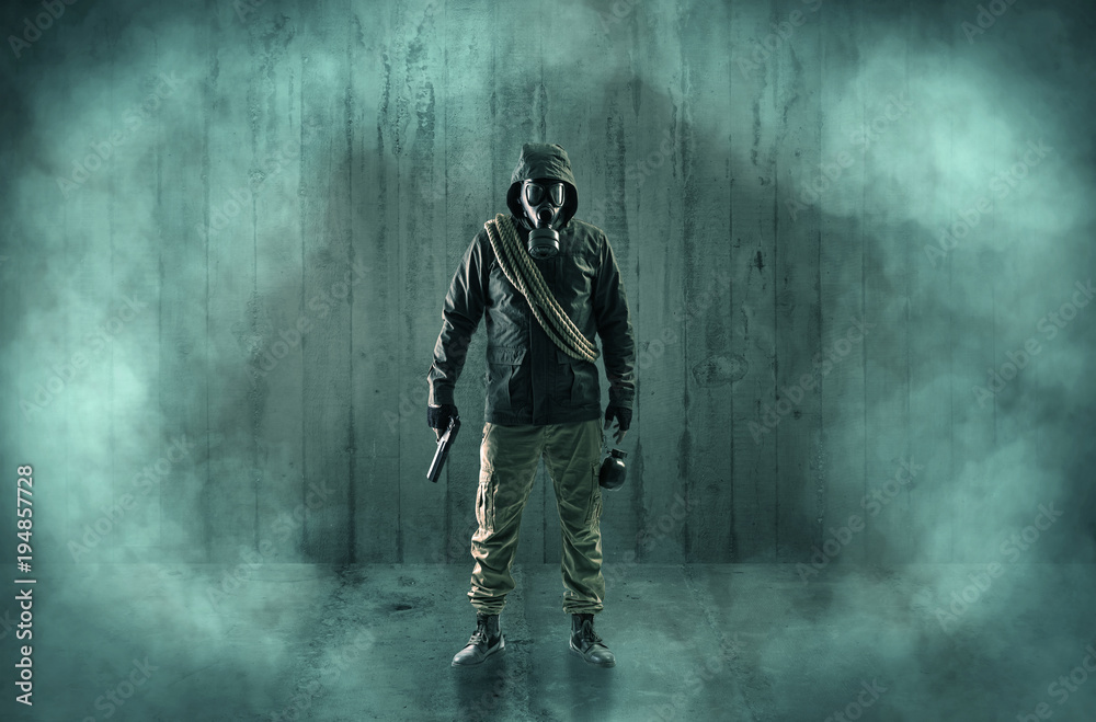 Dreadful man with mask in a wood shanty Dreadful man with mask in a wood shanty
