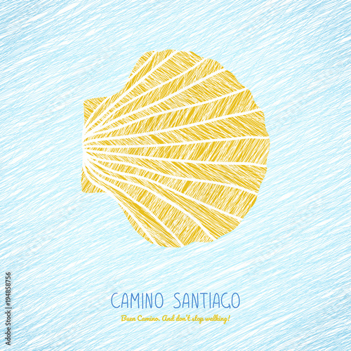 Yellow scallop shell. Symbol of the Camino de Santiago in Spain. Buen Camino! Don't stop walking. Poster or flyer. Light background. Pilgrim's navigation sign.