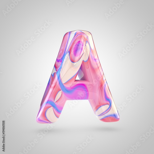 Glossy holographic pink letter A uppercase isolated on white background