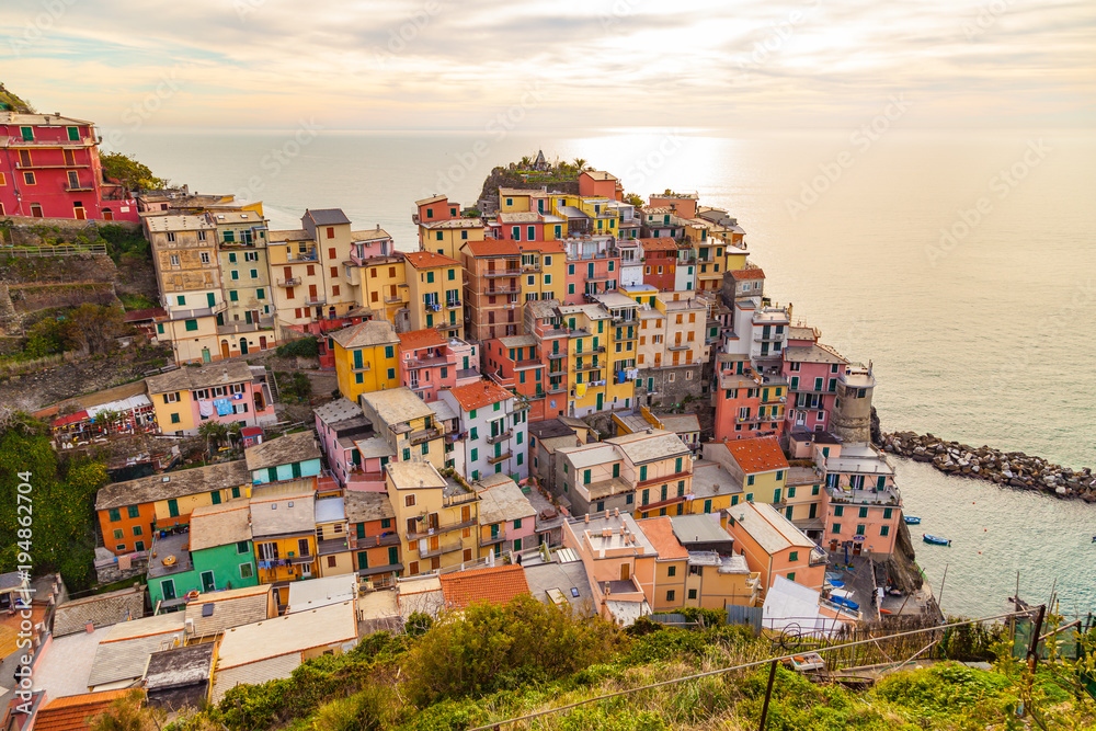 Hill view of the beautiful and cozy village of Manarola in the Cinque Terre National park, Liguria, Italy