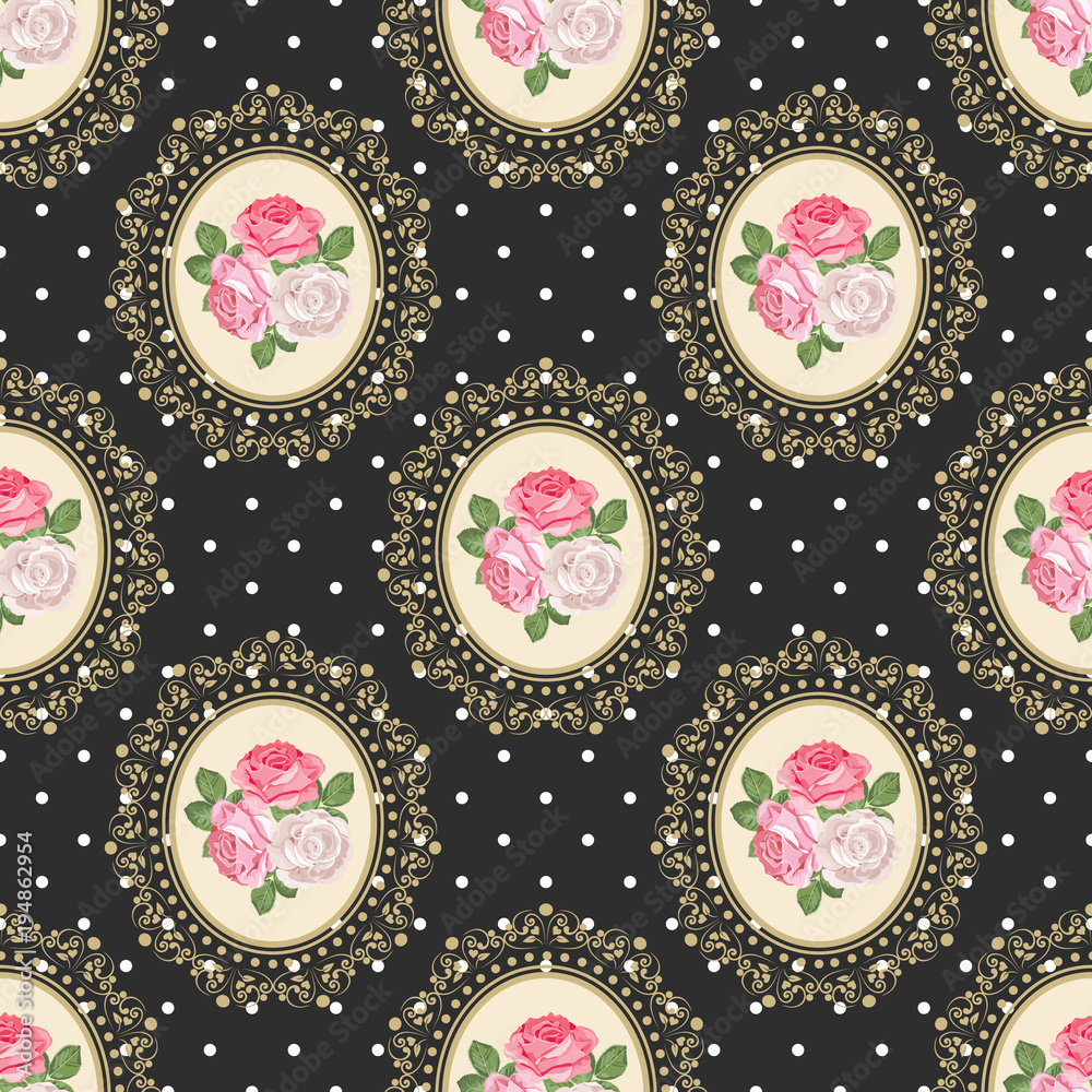 Shabby chic rose seamless pattern on black polka dot background Shabby chic rose seamless pattern on black polka dot background