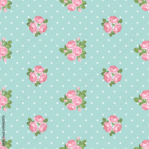 Shabby chic rose seamless pattern on polka dot background