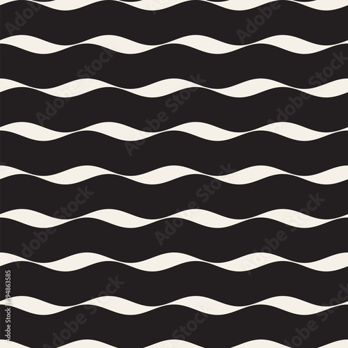 Vector Seamless Black and White Hand Drawn Wavy Lines Pattern