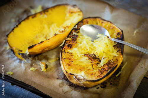 delicious roasted yellow spaghetti squash in pan. photo