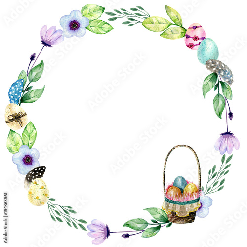 Hand drawing easter watercolor. Frame with basket of eggs and flowers