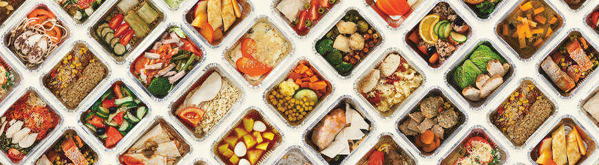 Set of take away food boxes at white background
