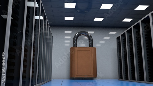 Server Room with Server and a Safety Lock at the Wall, symbolizing Servers, Cloud Computing, Data Storage, E-Mail and many other things in modern Computer Technologies.